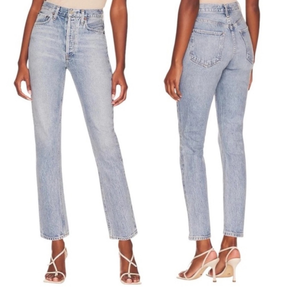 Agolde Denim Jeans Blue Light Wash Riley High Rise Straight Crop Blur Size 29